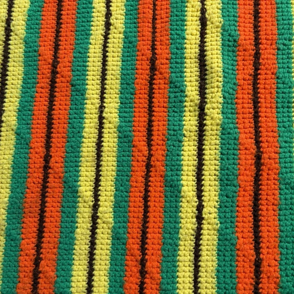 70s‎ Vtg Diamond Crochet Knitted Afghan Blanket Brown Orange Retro Handmade